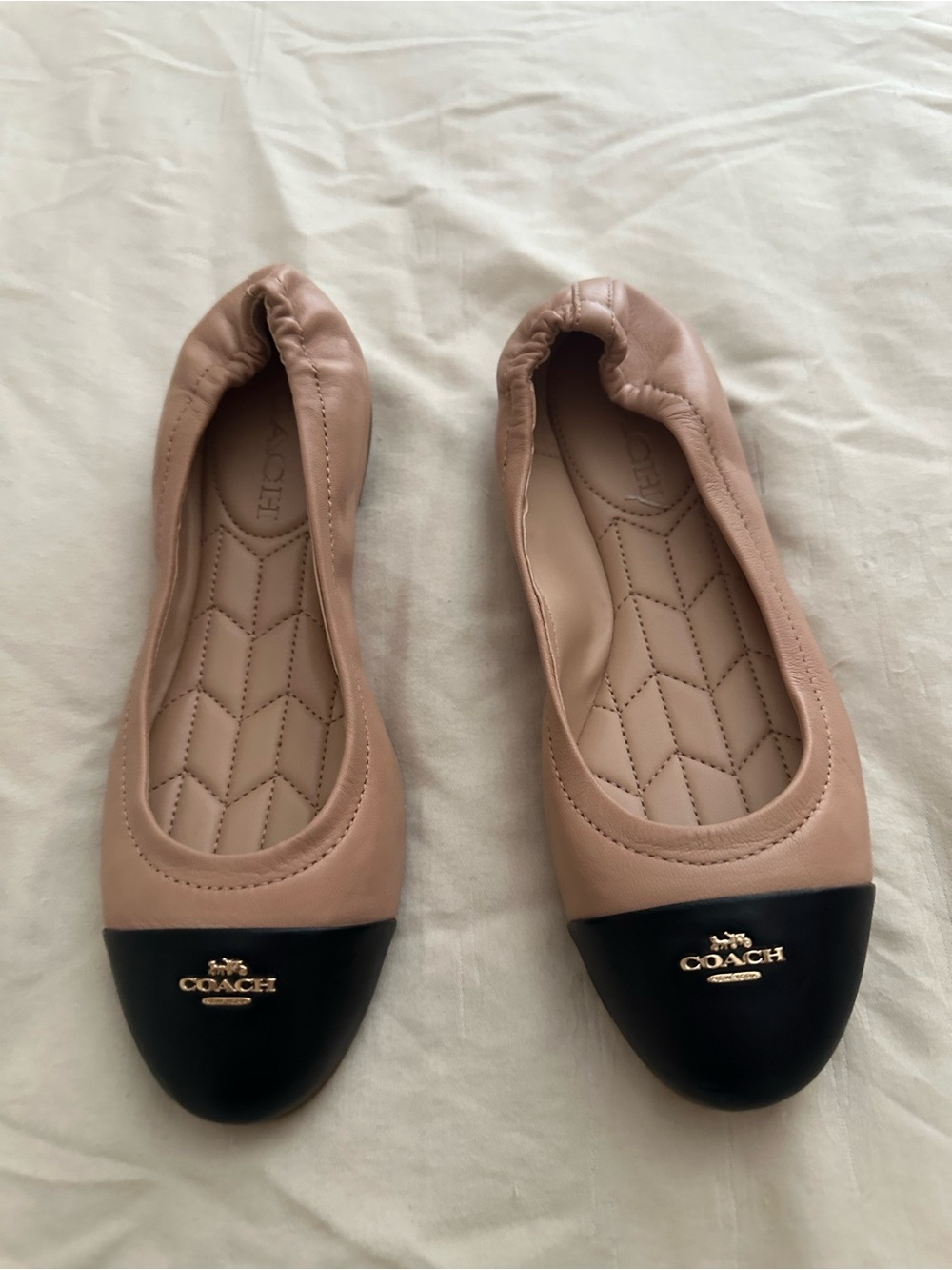 Coach Nude and Black Leather Cap-Toe Ballet Flats